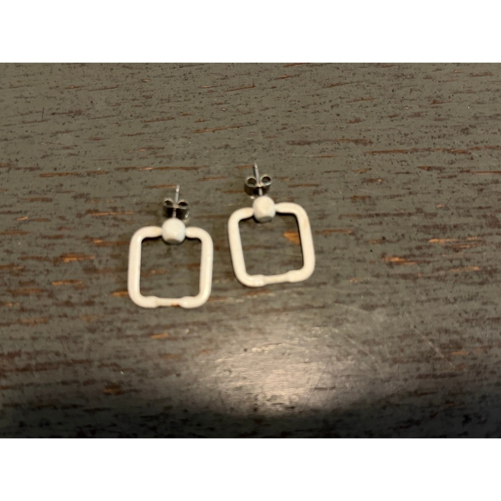 White Enamel Square Drop Earrings Geometric Minimalist Mod Post Backs